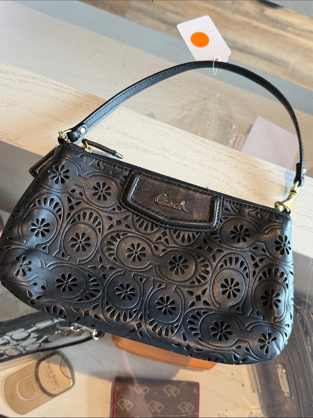 Coach Vintage Black Laser-Cut Floral Leather Shoulder Bag